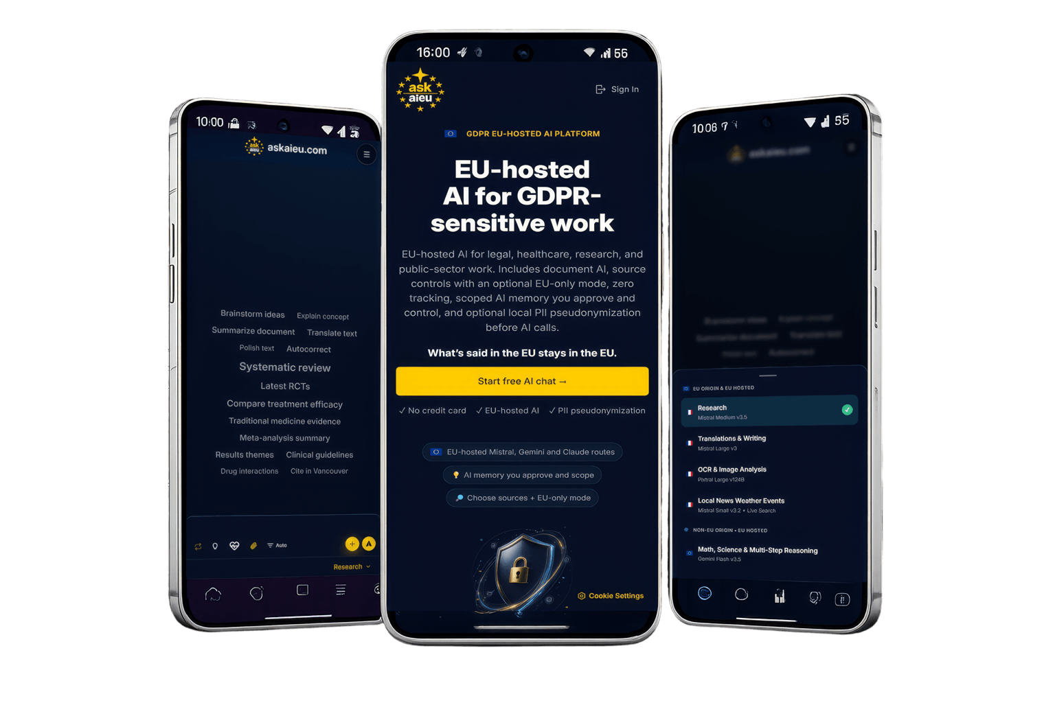 AI-assistenten askaieu.com visad på tre mobilskärmar
